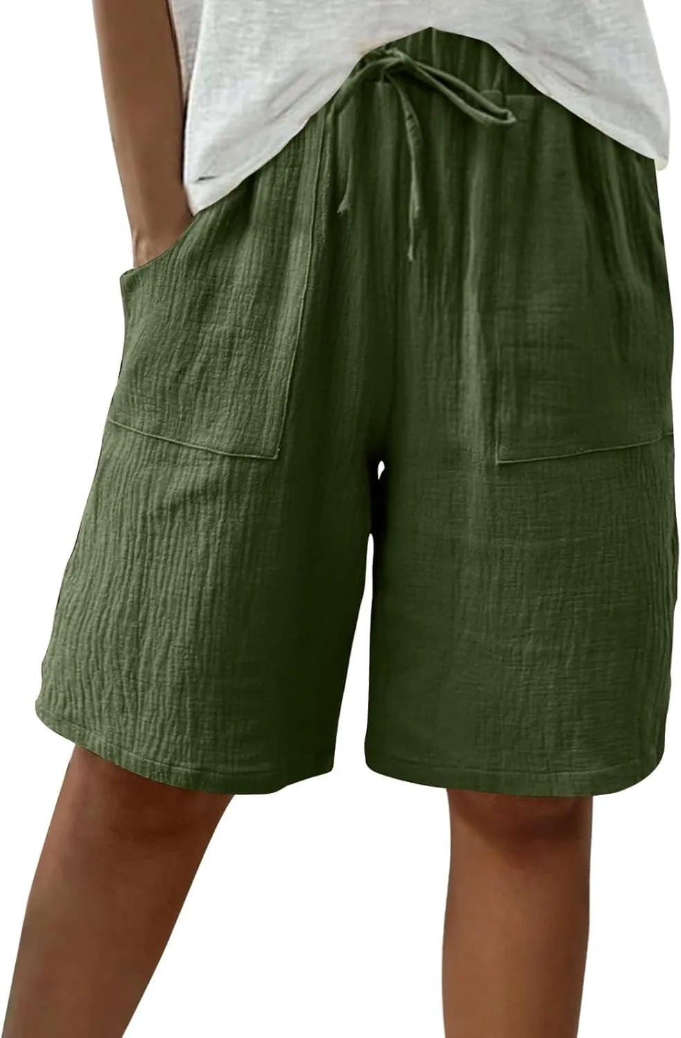 Women's Linen Shorts Elastic Waist Drawstring Bermuda Shorts for Women Knee Length Summer Casual Beach Clothes 2025