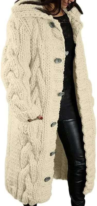 Women's Long Cardigan with Hood Chunky Cable Knit Overcoat Open Front Sweater Cardigan Outerwear with Pockets