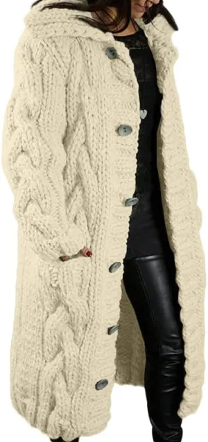 Women's Long Cardigan with Hood Chunky Cable Knit Overcoat Open Front Sweater Cardigan Outerwear with Pockets