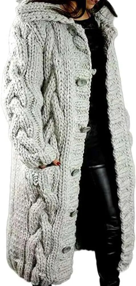 Women's Long Cardigan with Hood Chunky Cable Knit Overcoat Open Front Sweater Cardigan Outerwear with Pockets