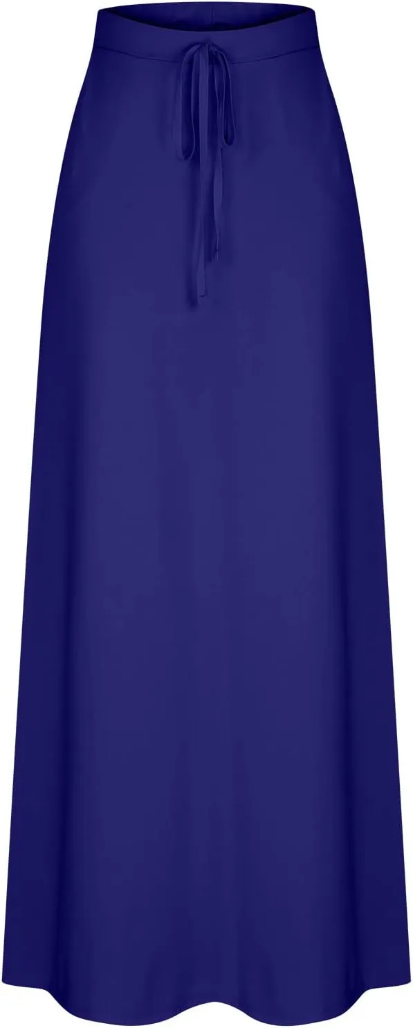 Womens Maxi Skirt Elastic Basic Solid Tie Dye Foldable High Waisted Midi Length Plus Size A-Line Skirts with Pockets