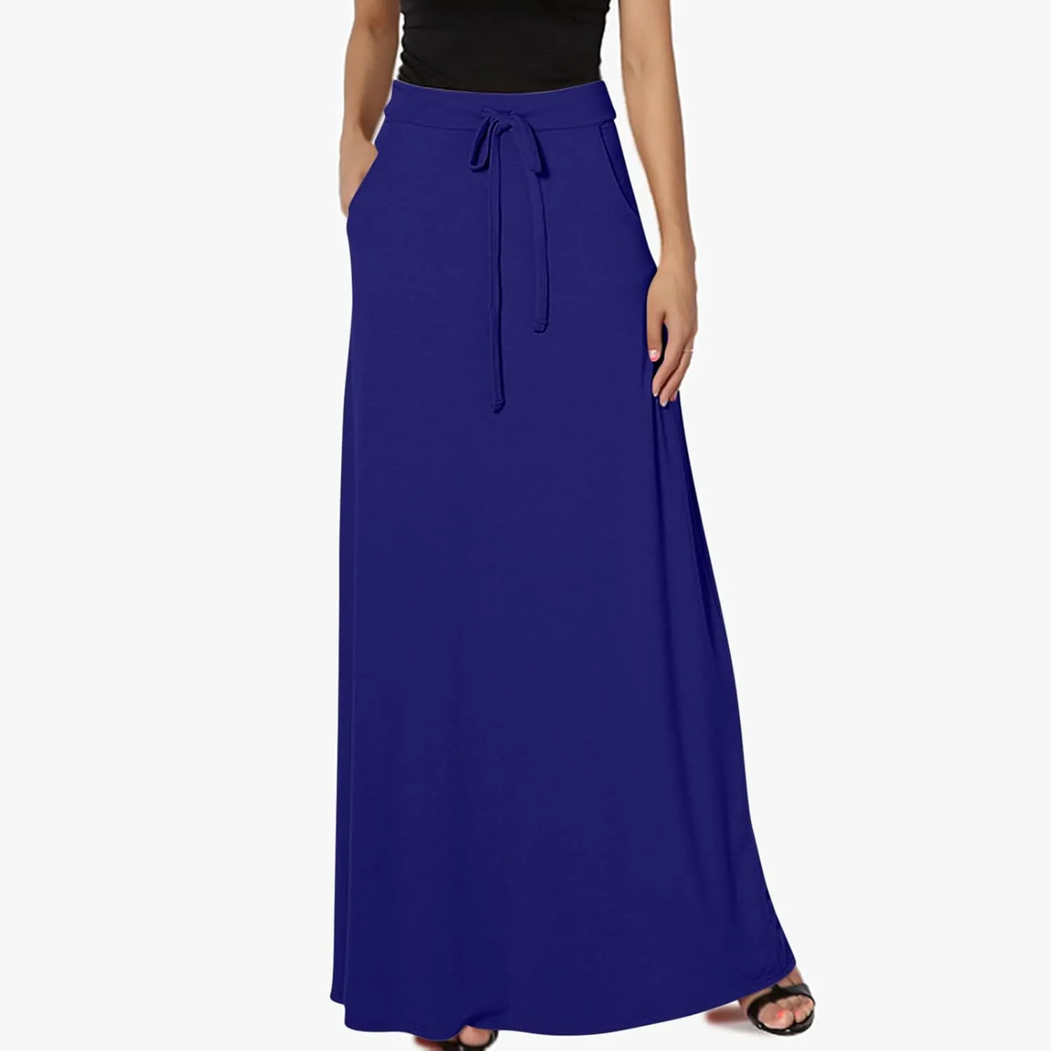Womens Maxi Skirt Elastic Basic Solid Tie Dye Foldable High Waisted Midi Length Plus Size A-Line Skirts with Pockets