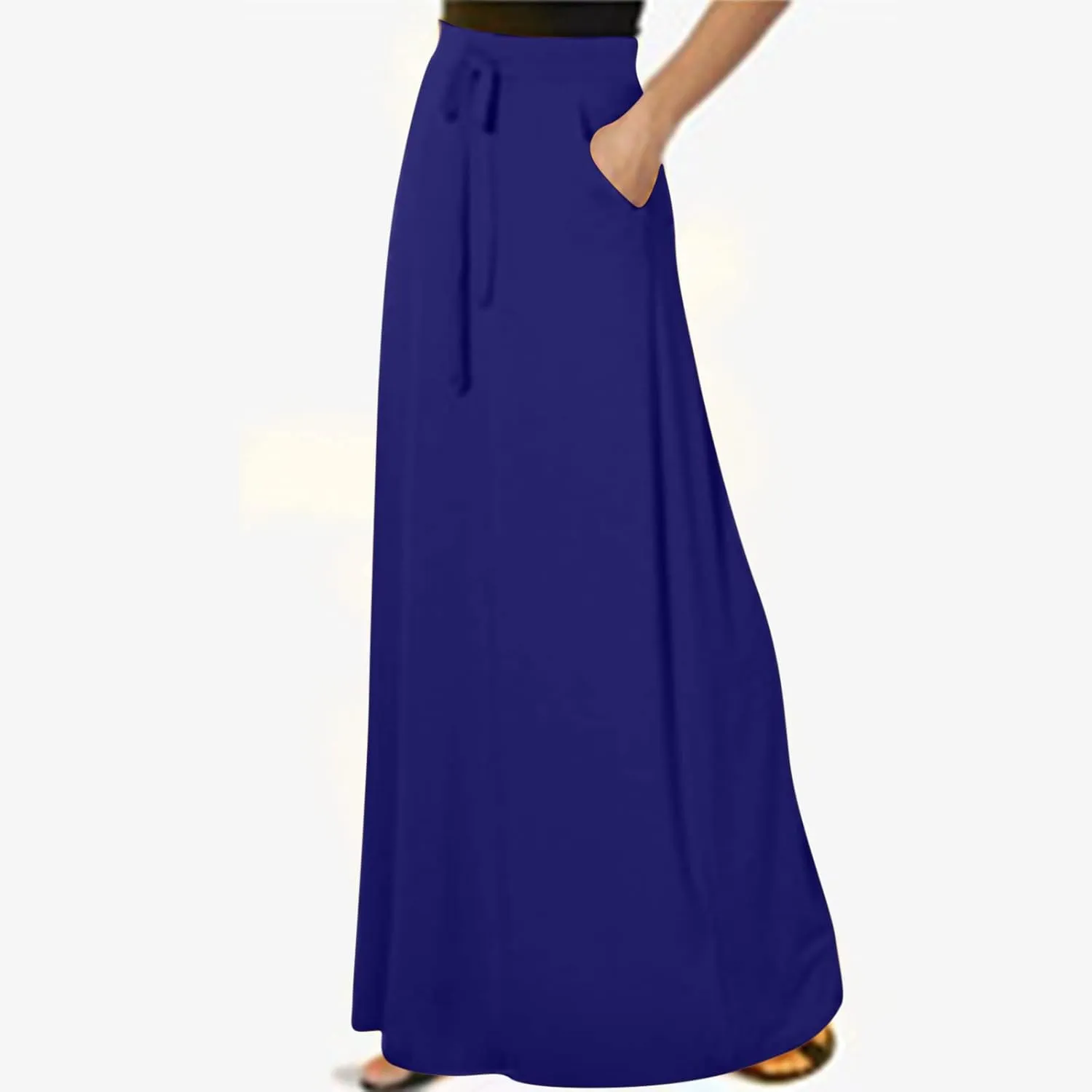 Womens Maxi Skirt Elastic Basic Solid Tie Dye Foldable High Waisted Midi Length Plus Size A-Line Skirts with Pockets
