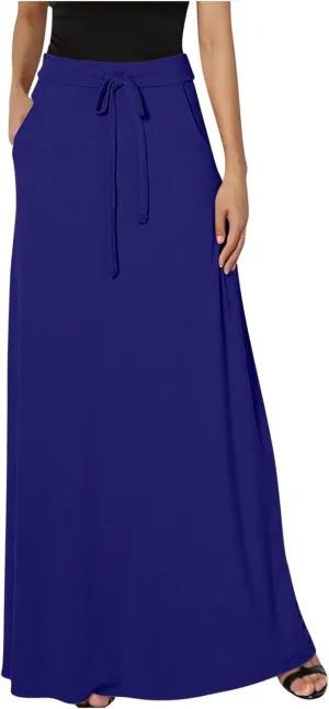 Womens Maxi Skirt Elastic Basic Solid Tie Dye Foldable High Waisted Midi Length Plus Size A-Line Skirts with Pockets