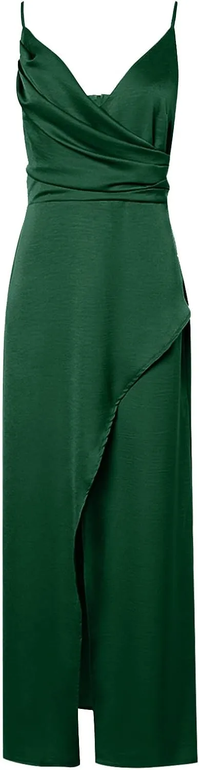 Womens Midi Dress 2025 Summer High Split Hem Bodycon Dresses Casual Slim Fit Wrap V Neck Spaghetti Straps Sundress