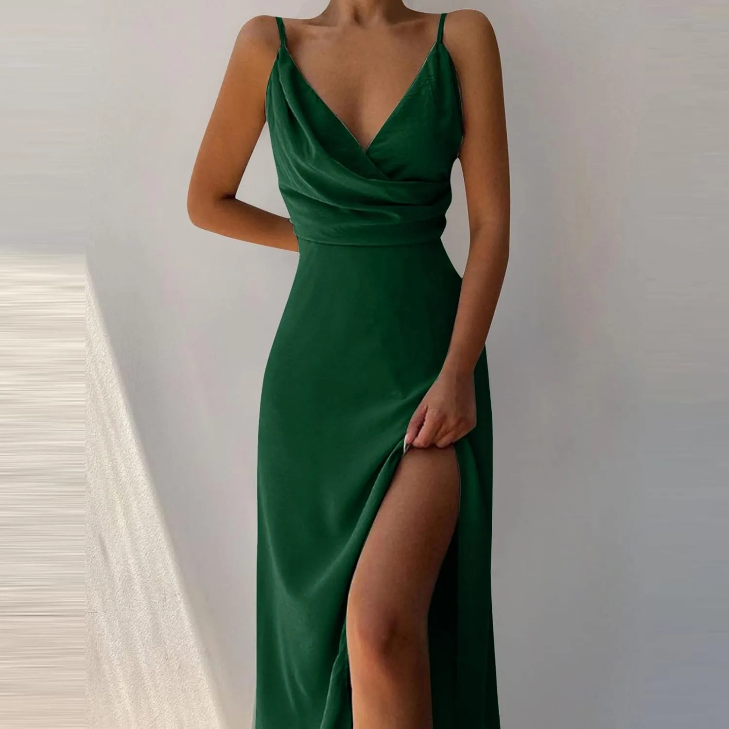 Womens Midi Dress 2025 Summer High Split Hem Bodycon Dresses Casual Slim Fit Wrap V Neck Spaghetti Straps Sundress