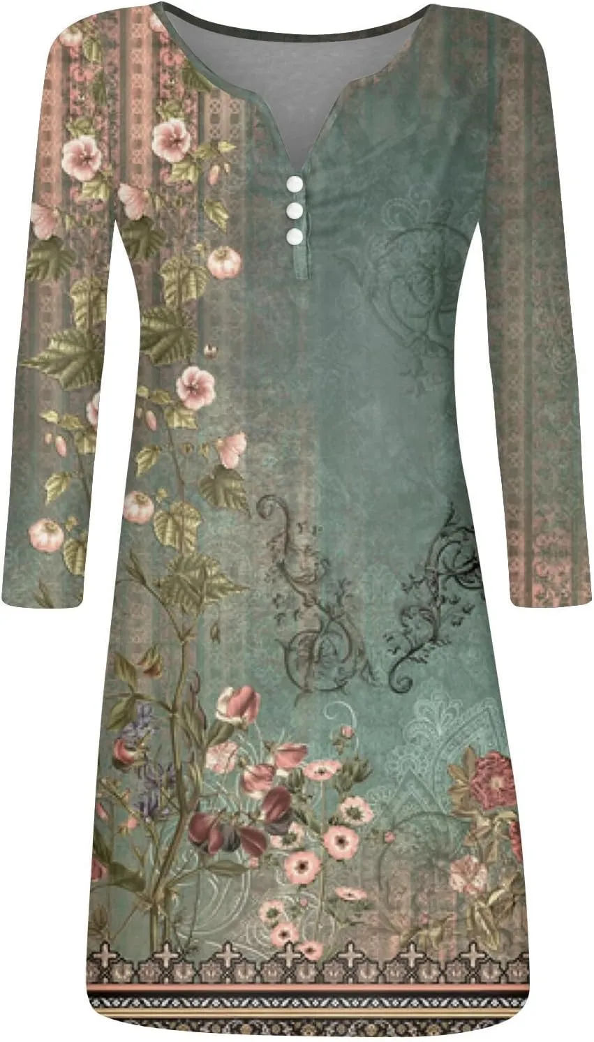 Women's Mini Dress Casual 2024 Vintage Floral Print V-Neck Button Down Dress Long Sleeve Flowy Fall Short Tunic Dress