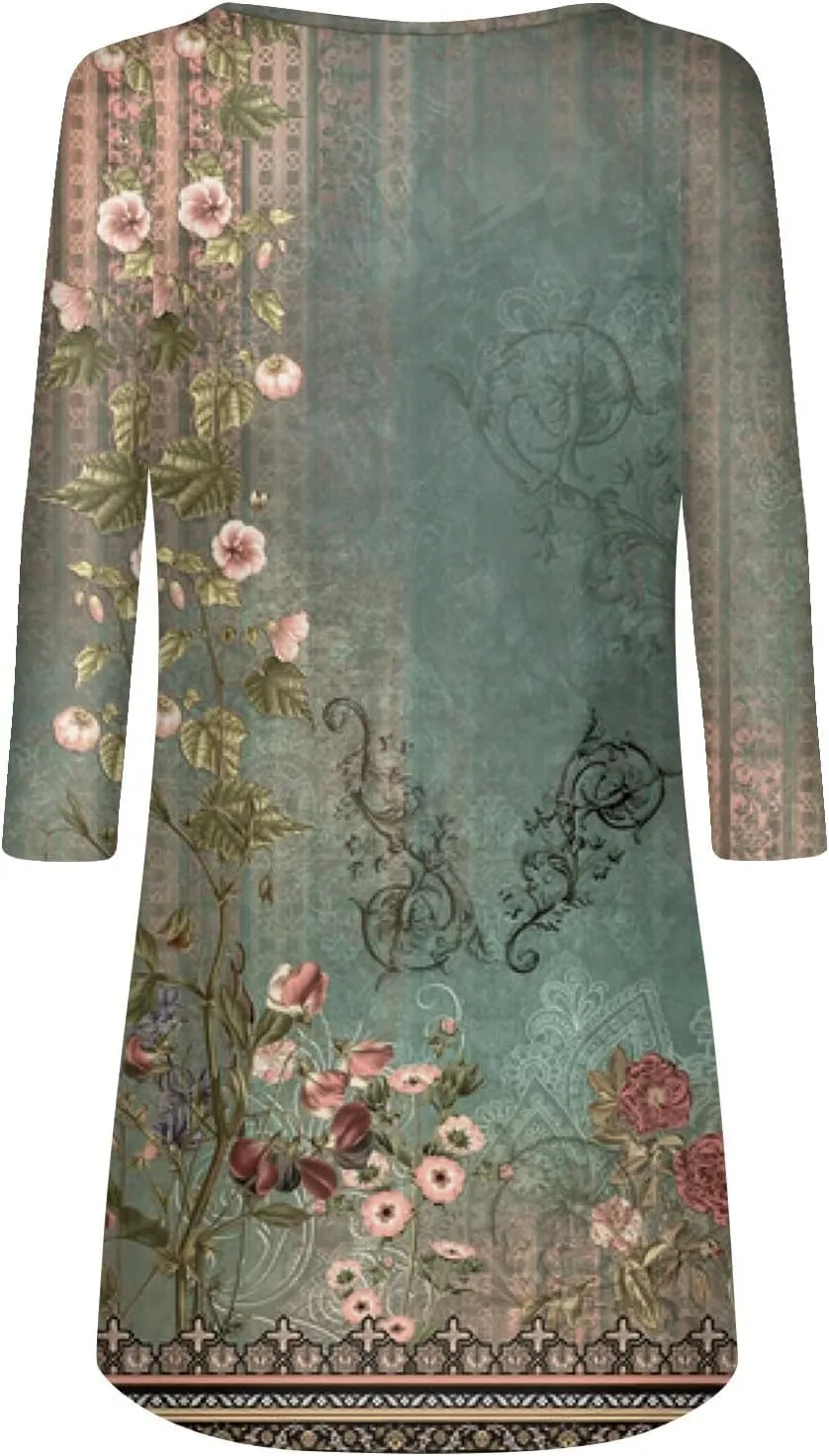 Women's Mini Dress Casual 2024 Vintage Floral Print V-Neck Button Down Dress Long Sleeve Flowy Fall Short Tunic Dress