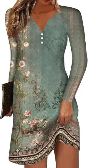Women's Mini Dress Casual 2024 Vintage Floral Print V-Neck Button Down Dress Long Sleeve Flowy Fall Short Tunic Dress
