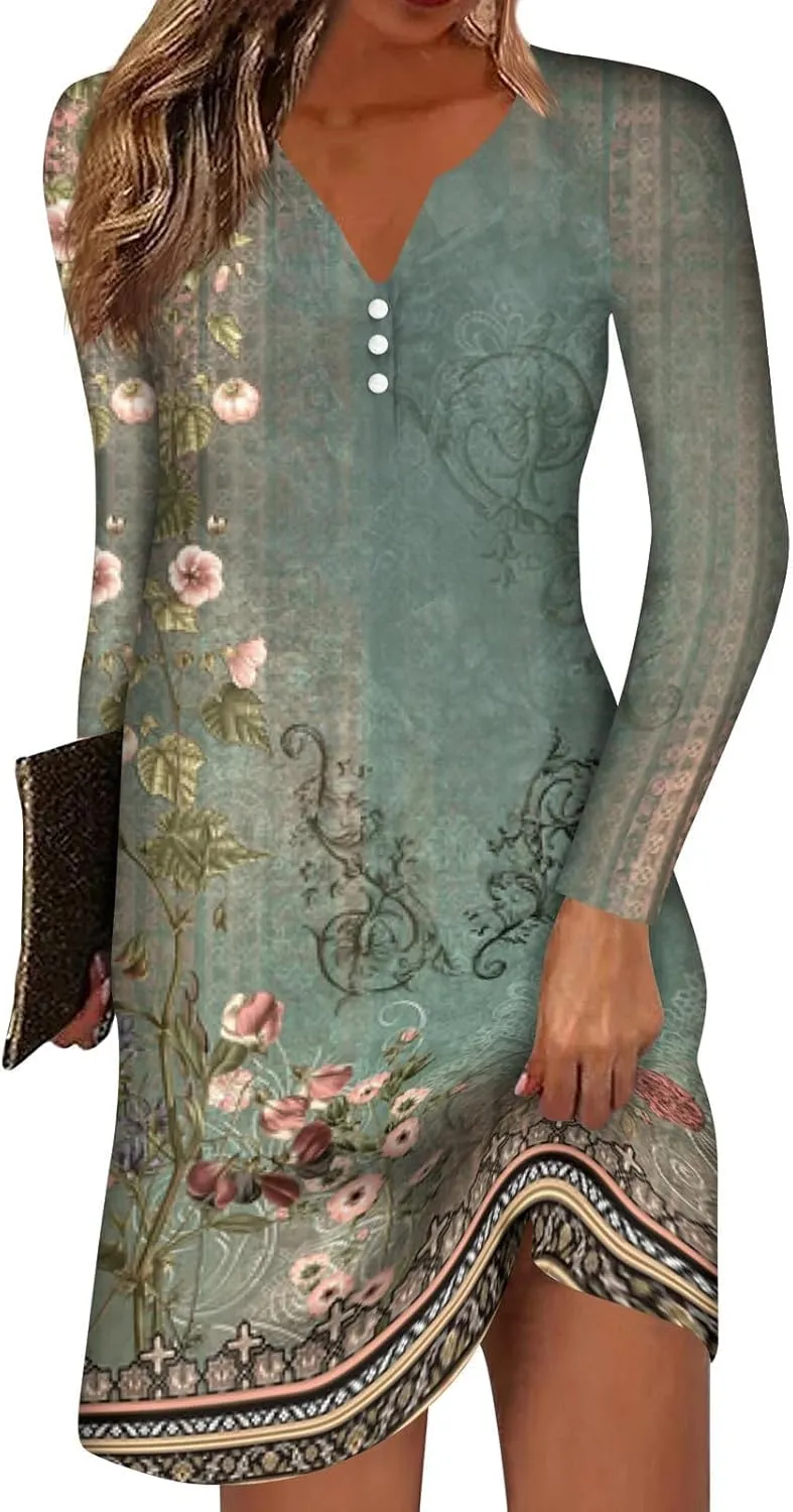 Women's Mini Dress Casual 2024 Vintage Floral Print V-Neck Button Down Dress Long Sleeve Flowy Fall Short Tunic Dress