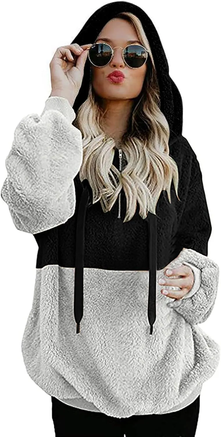 Womens Oversized Hoodies Jacket Sherpa Hooded Sweatshirts Fuzzy Fleece Patchwork Drawstring Pullover Fluffy Outerwear