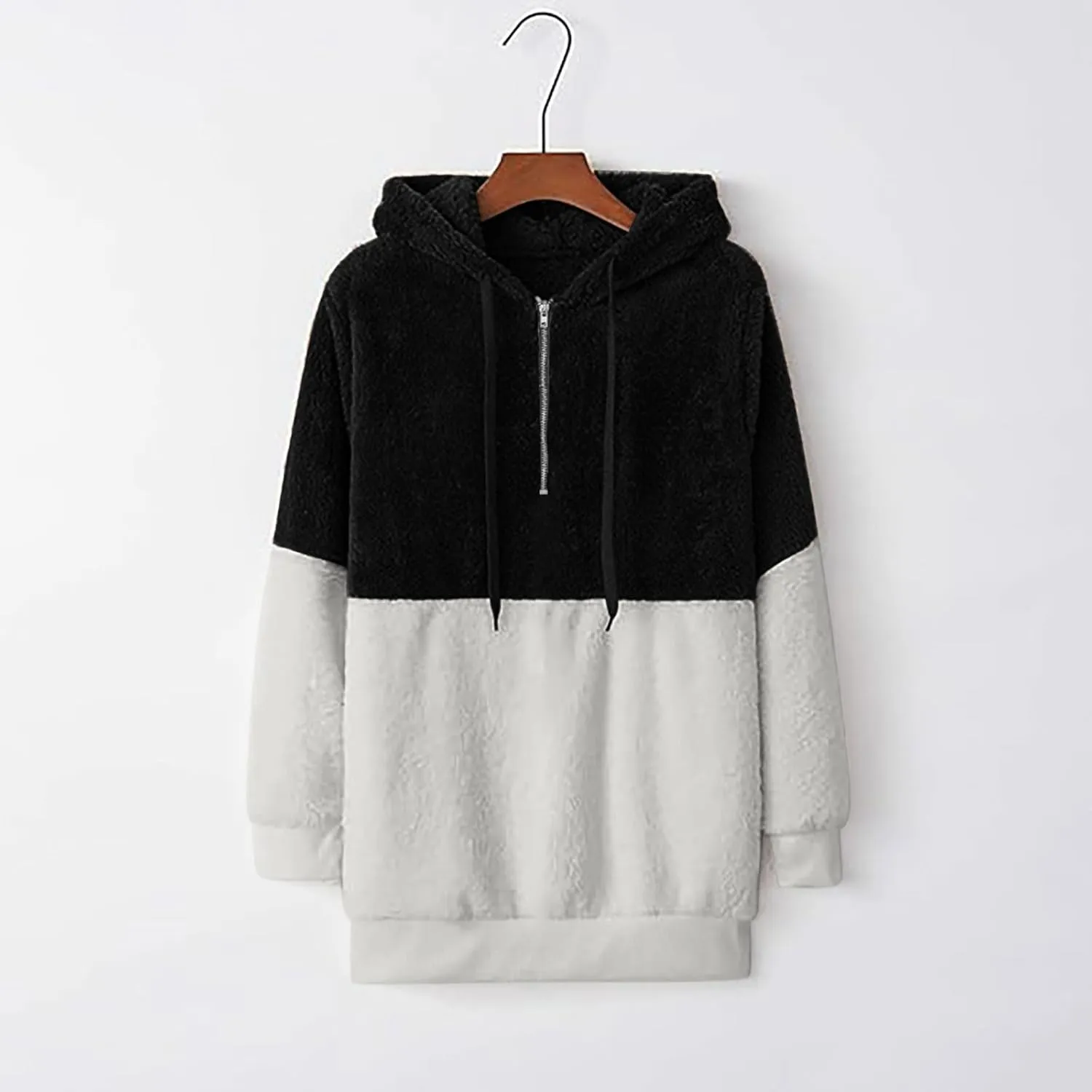 Womens Oversized Hoodies Jacket Sherpa Hooded Sweatshirts Fuzzy Fleece Patchwork Drawstring Pullover Fluffy Outerwear