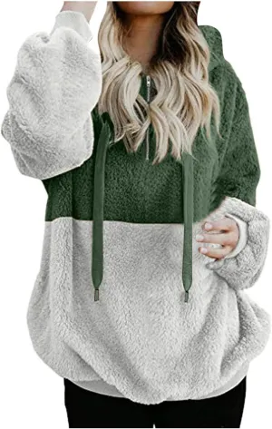 Womens Oversized Hoodies Jacket Sherpa Hooded Sweatshirts Fuzzy Fleece Patchwork Drawstring Pullover Fluffy Outerwear