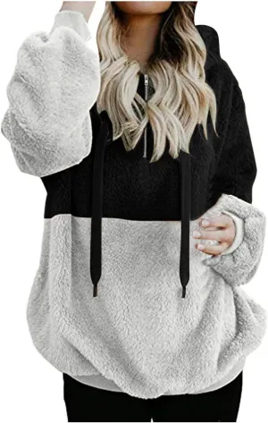 Womens Oversized Hoodies Jacket Sherpa Hooded Sweatshirts Fuzzy Fleece Patchwork Drawstring Pullover Fluffy Outerwear