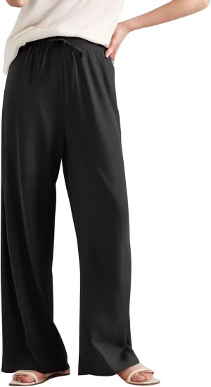 Women's Pants Flowy Long Wide Leg High Waisted Trousers Stretchy Drawstring Pleated Pull On Vacation Trousers