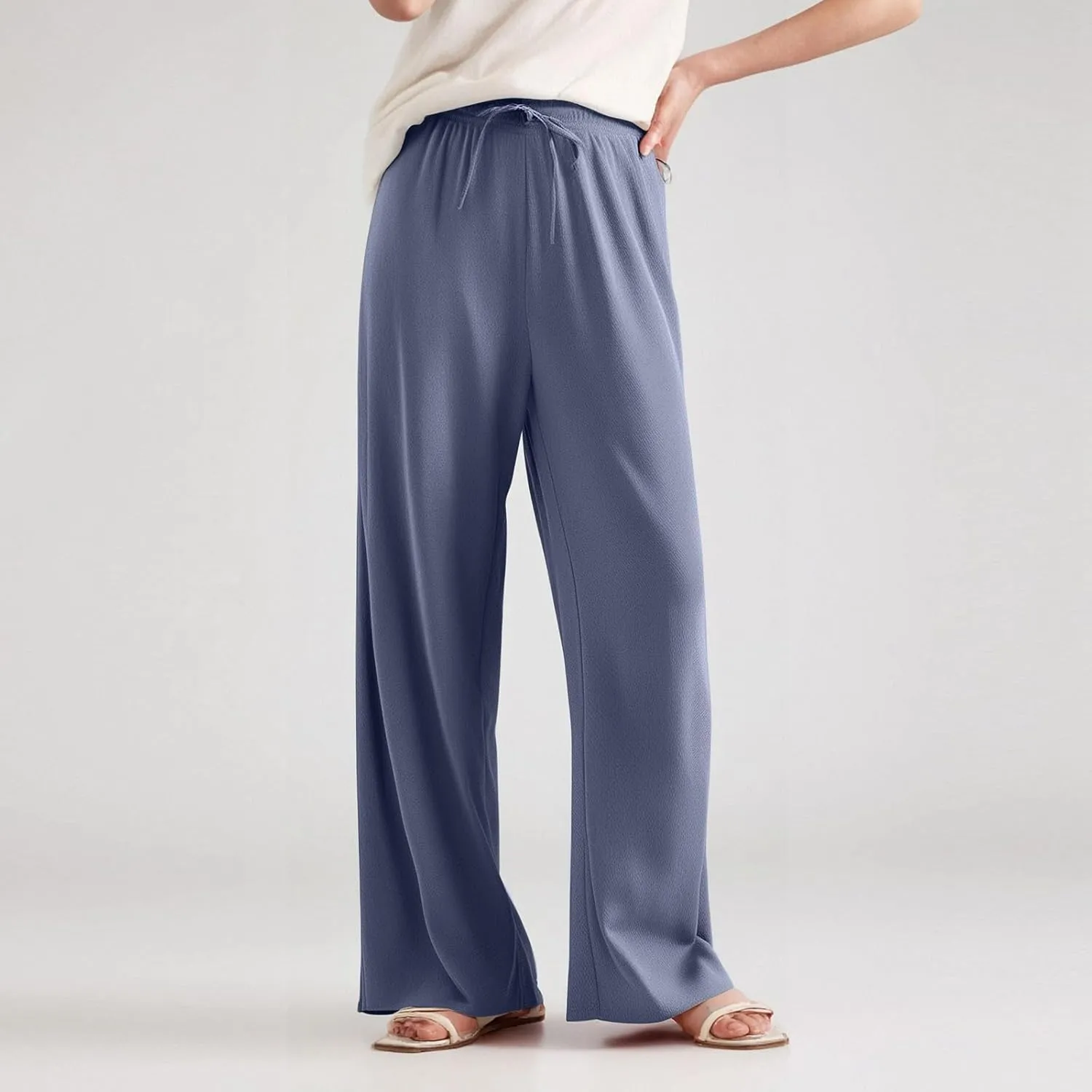 Women's Pants Flowy Long Wide Leg High Waisted Trousers Stretchy Drawstring Pleated Pull On Vacation Trousers