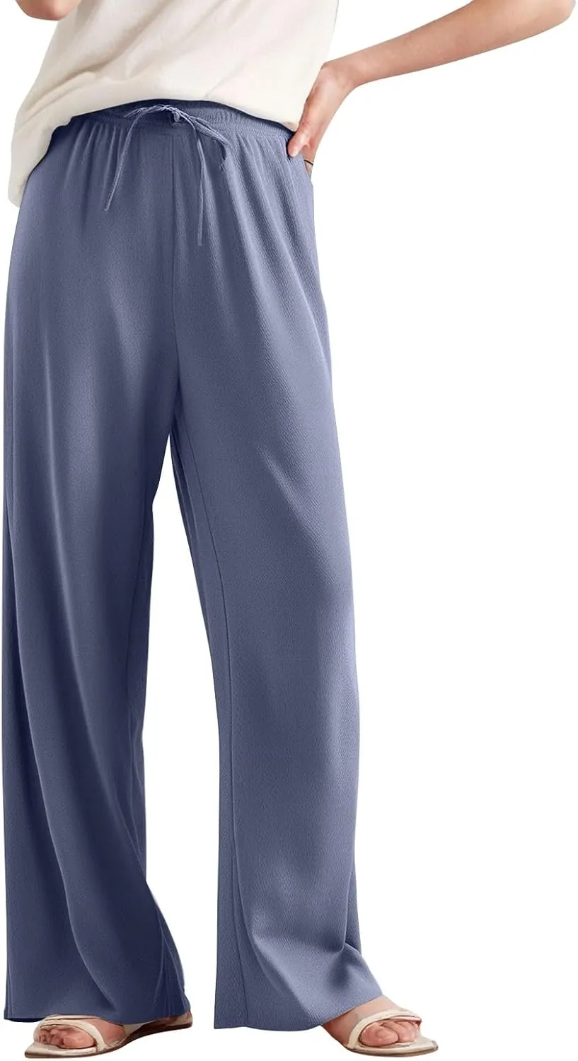 Women's Pants Flowy Long Wide Leg High Waisted Trousers Stretchy Drawstring Pleated Pull On Vacation Trousers