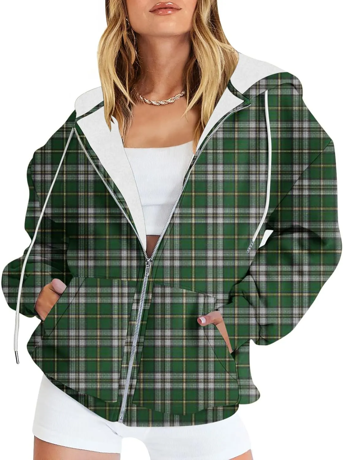 Womens Plaid Jackets 2025 Zipper Hooded Plaid Drawstring Sweatshirt Loose Long Sleeve Oversized Plaid Hoodie Jackets