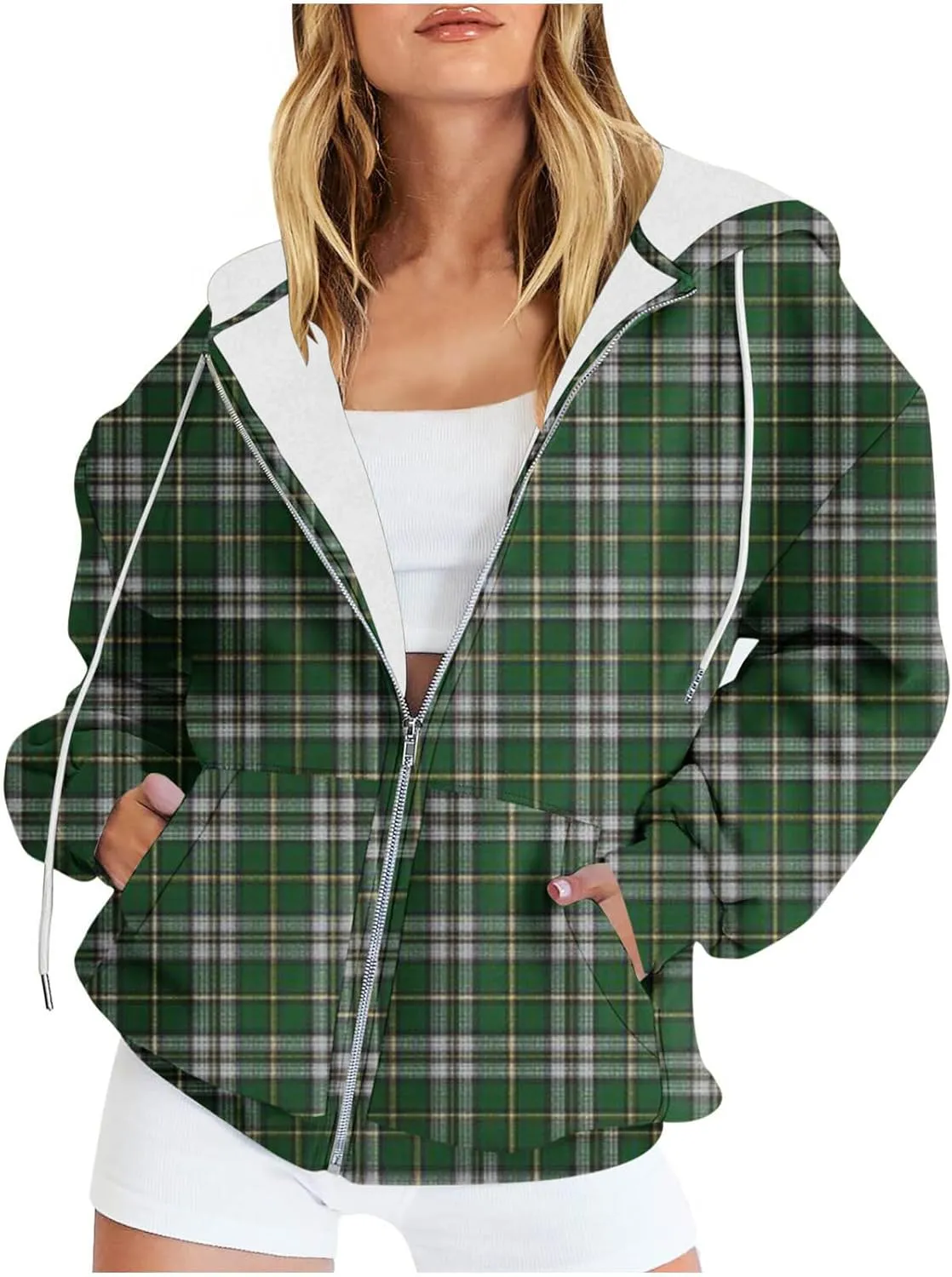 Womens Plaid Jackets 2025 Zipper Hooded Plaid Drawstring Sweatshirt Loose Long Sleeve Oversized Plaid Hoodie Jackets