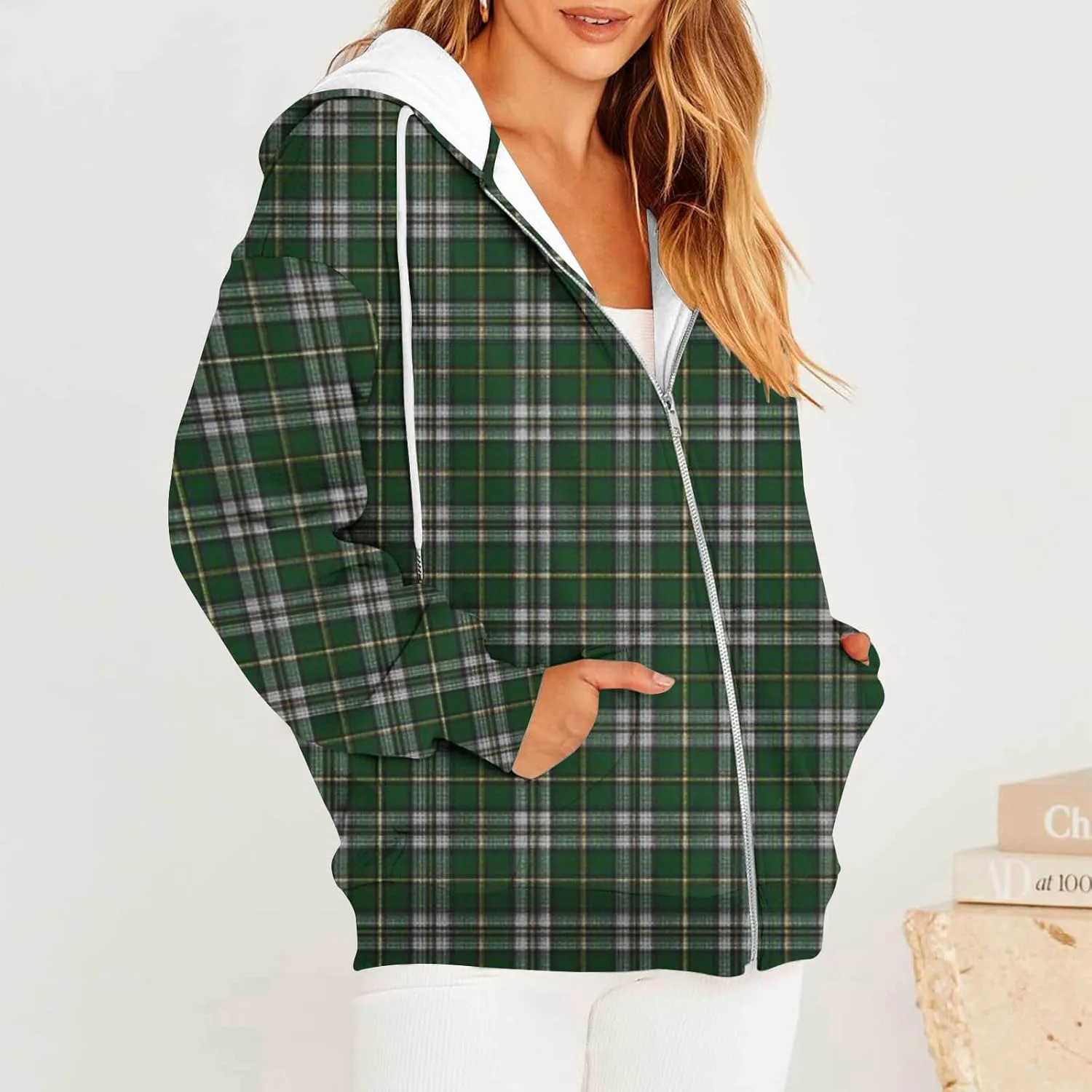 Womens Plaid Jackets 2025 Zipper Hooded Plaid Drawstring Sweatshirt Loose Long Sleeve Oversized Plaid Hoodie Jackets