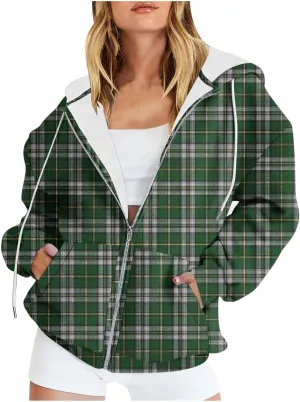 Womens Plaid Jackets 2025 Zipper Hooded Plaid Drawstring Sweatshirt Loose Long Sleeve Oversized Plaid Hoodie Jackets