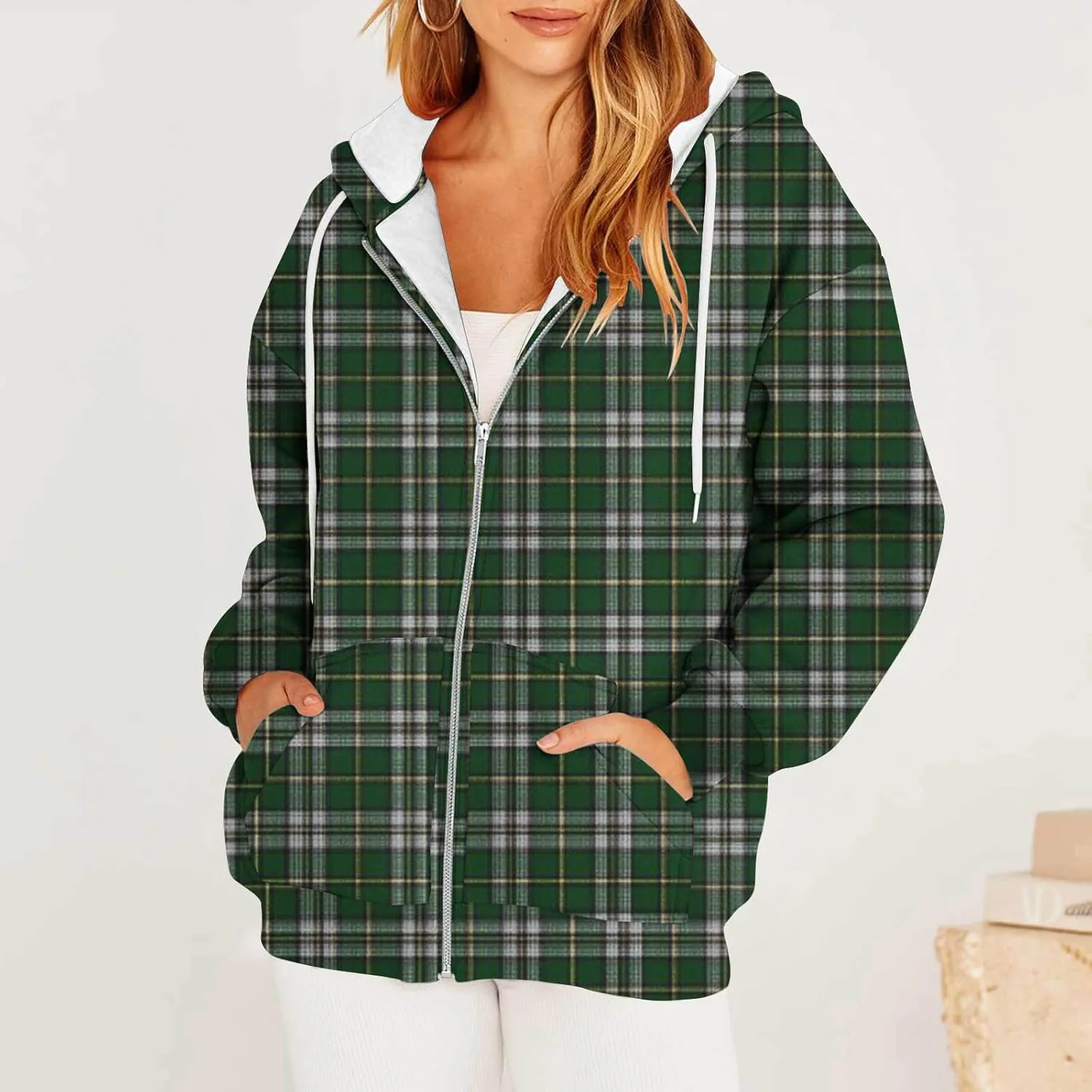 Womens Plaid Jackets 2025 Zipper Hooded Plaid Drawstring Sweatshirt Loose Long Sleeve Oversized Plaid Hoodie Jackets