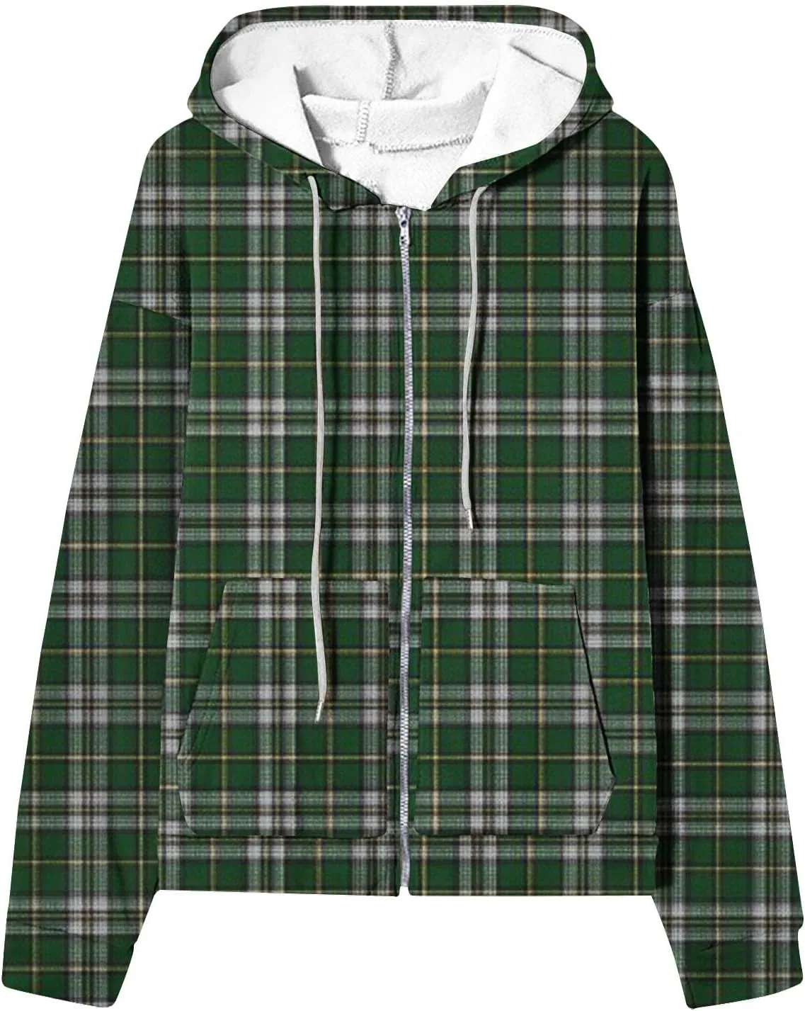 Womens Plaid Jackets 2025 Zipper Hooded Plaid Drawstring Sweatshirt Loose Long Sleeve Oversized Plaid Hoodie Jackets