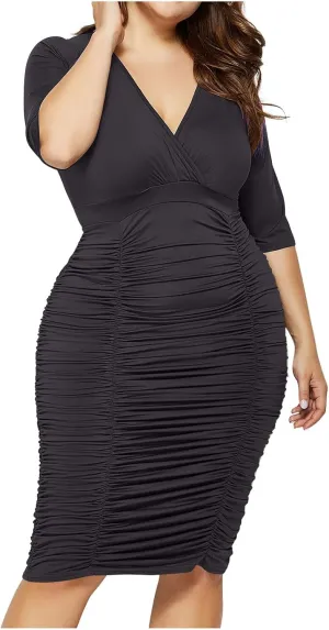 Womens Plus Size Bodycon Dress Half Sleeve Wrap V Neck Ruched Stretchy Midi Dresses Sexy Cocktail Party Formal Dresses