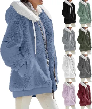 Womens Plus Size Fuzzy Fleece Jacket Winter Full Zip Plush Hooded Cardigan Coats Soft Oversized Shaggy Warm Outerwear