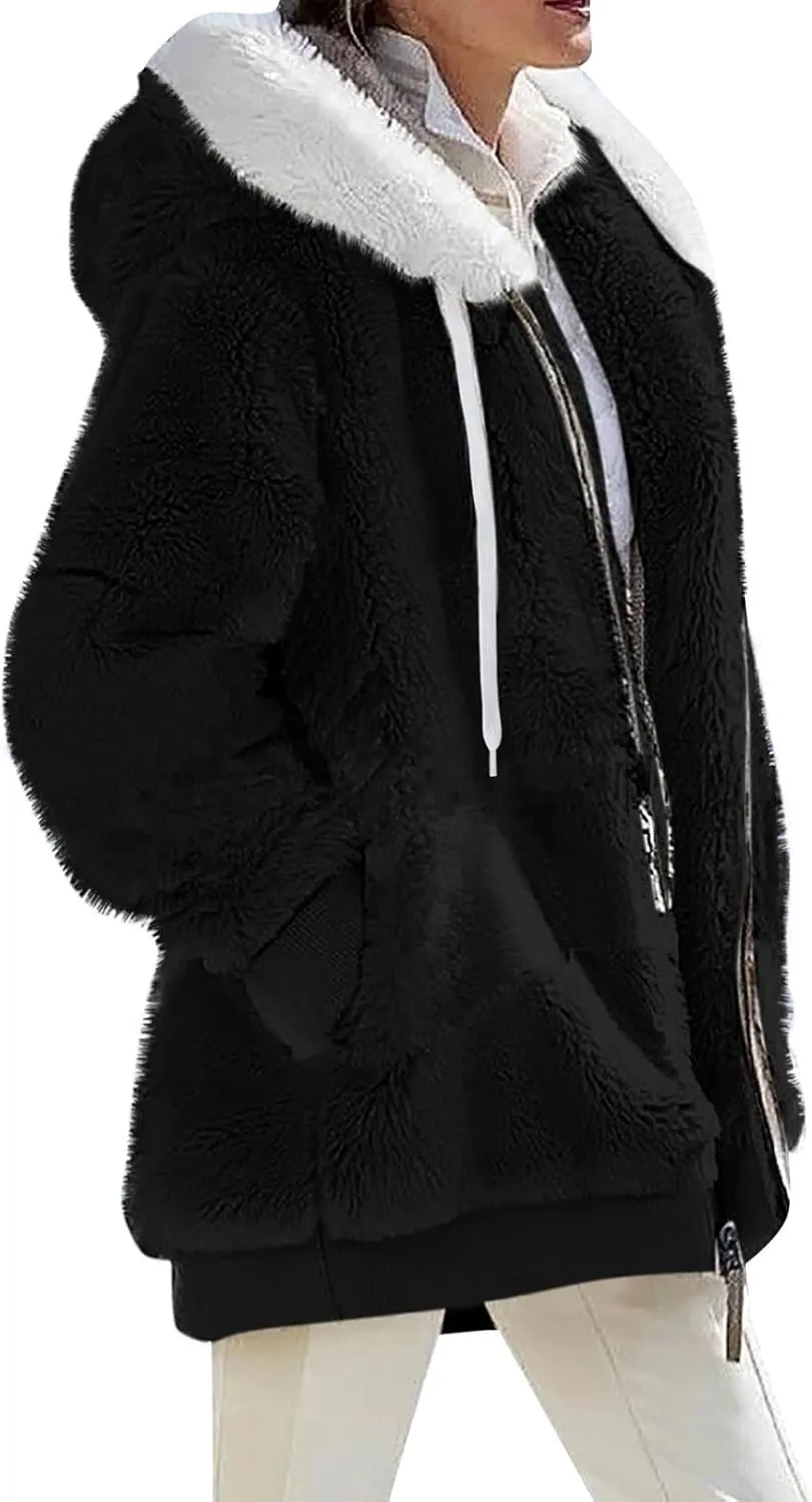 Womens Plus Size Fuzzy Fleece Jacket Winter Full Zip Plush Hooded Cardigan Coats Soft Oversized Shaggy Warm Outerwear
