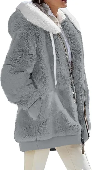 Womens Plus Size Fuzzy Fleece Jacket Winter Full Zip Plush Hooded Cardigan Coats Soft Oversized Shaggy Warm Outerwear