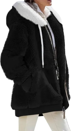 Womens Plus Size Fuzzy Fleece Jacket Winter Full Zip Plush Hooded Cardigan Coats Soft Oversized Shaggy Warm Outerwear