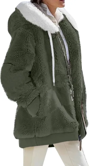 Womens Plus Size Fuzzy Fleece Jacket Winter Full Zip Plush Hooded Cardigan Coats Soft Oversized Shaggy Warm Outerwear