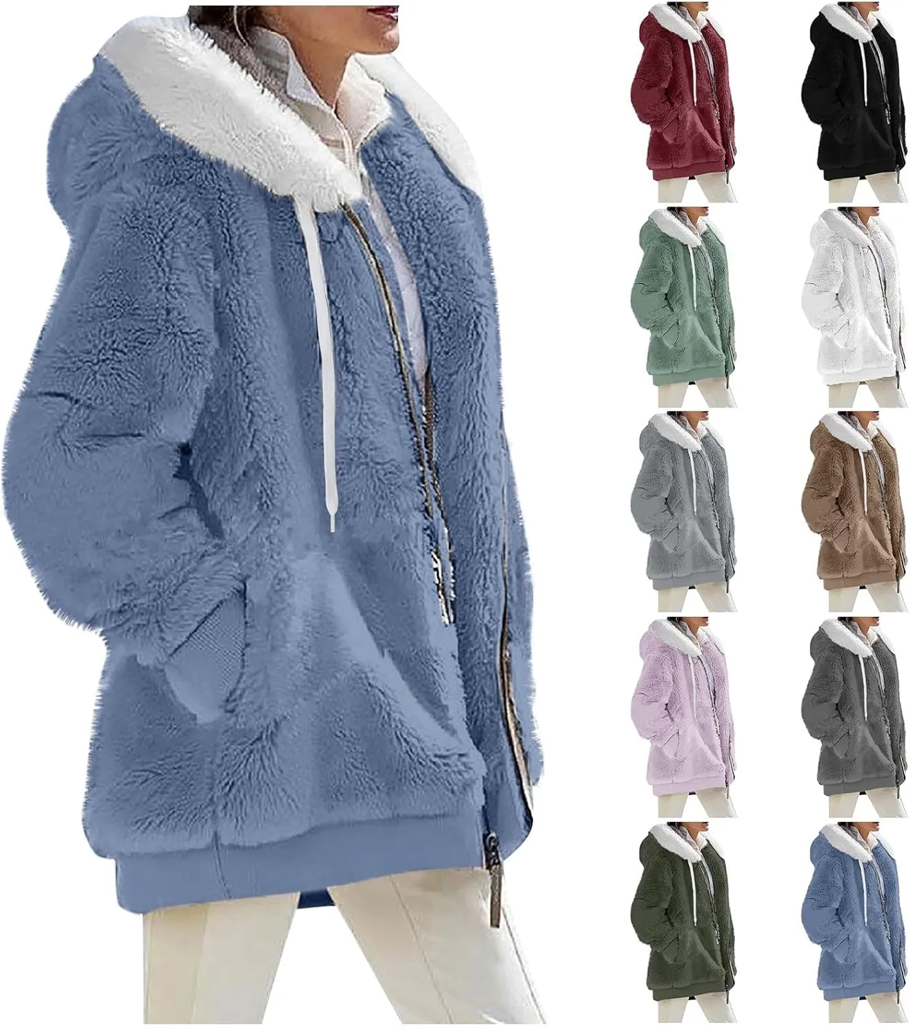 Womens Plus Size Fuzzy Fleece Jacket Winter Full Zip Plush Hooded Cardigan Coats Soft Oversized Shaggy Warm Outerwear