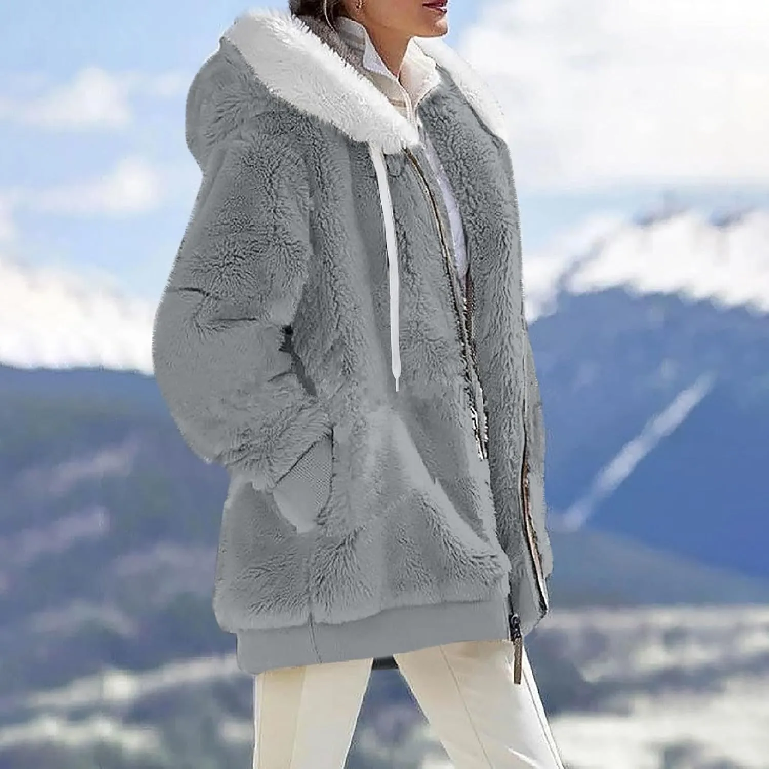 Womens Plus Size Fuzzy Fleece Jacket Winter Full Zip Plush Hooded Cardigan Coats Soft Oversized Shaggy Warm Outerwear