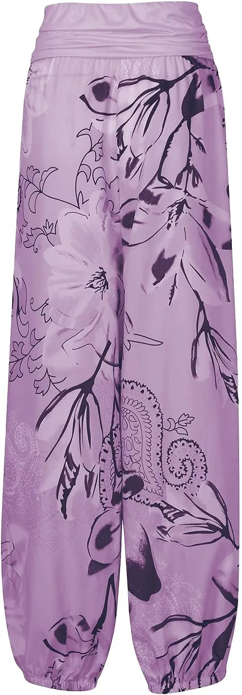 Womens Plus Size High Elastic Waist Harem Pants Casual Loose Baggy Pants with Pockets Bohemian Beach Yoga Trousers