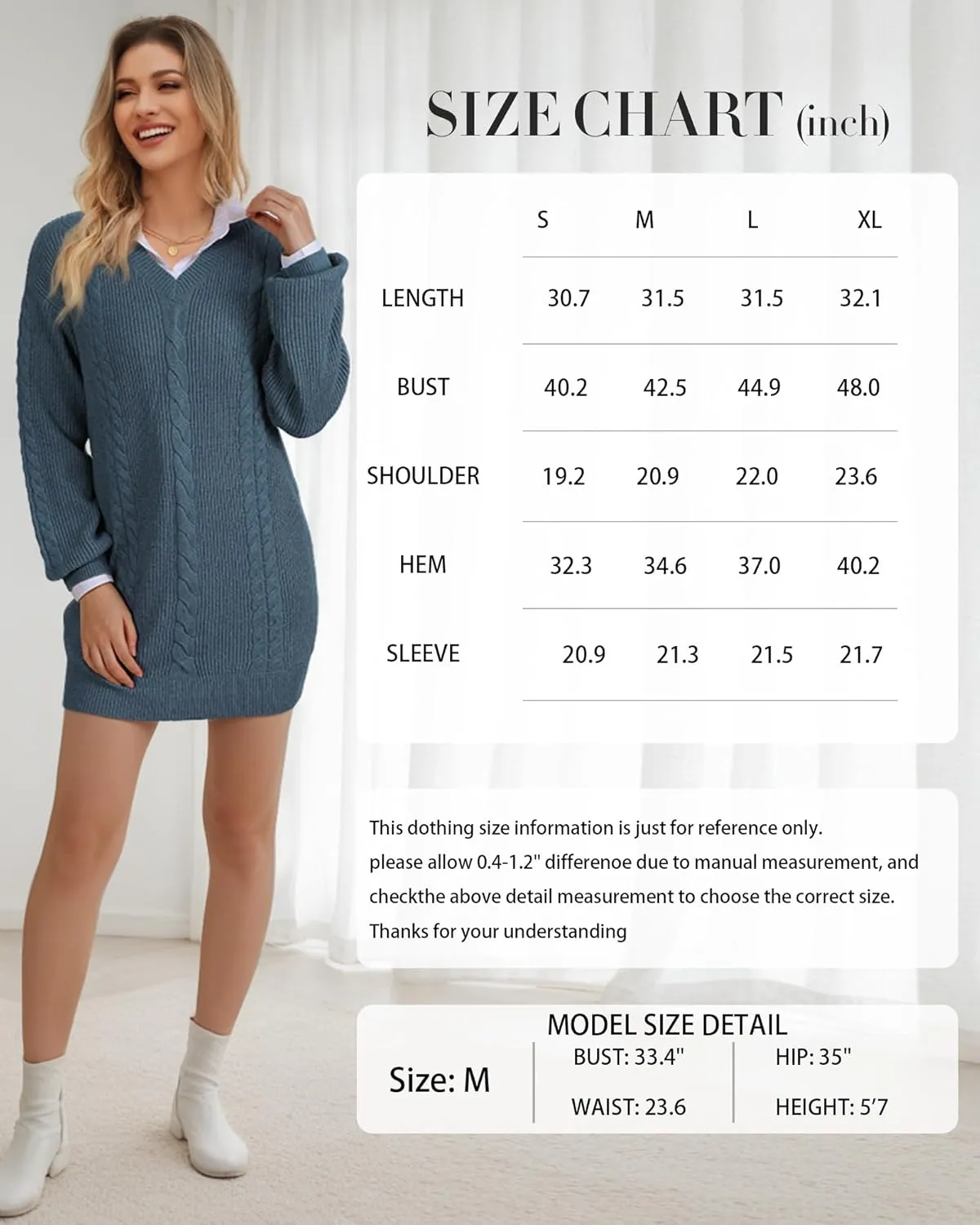 Women's Pullovers Jumper Sweaters Lantern Sleeve Casual V Neck Fall Knit Mini Sweater Dresses