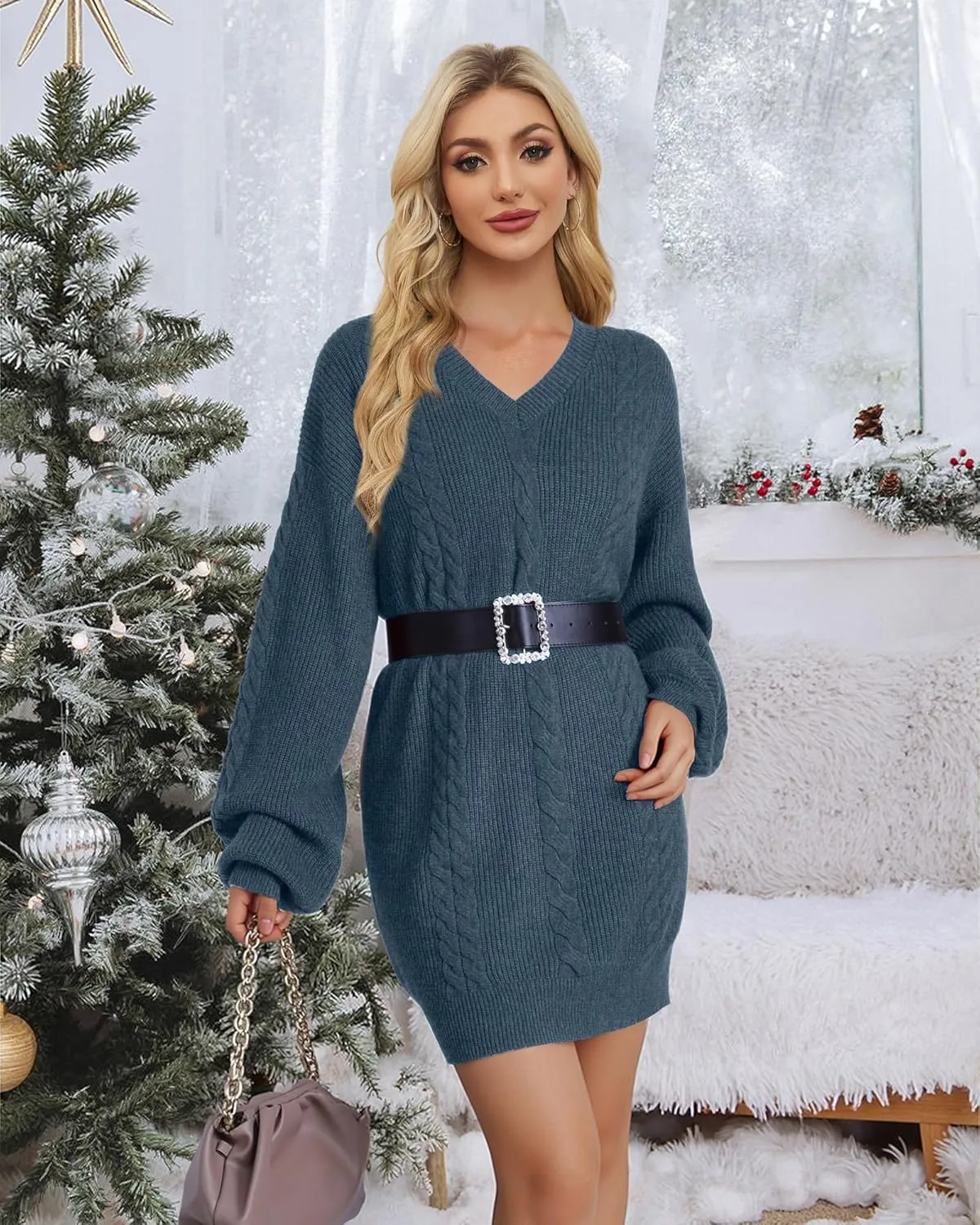 Women's Pullovers Jumper Sweaters Lantern Sleeve Casual V Neck Fall Knit Mini Sweater Dresses