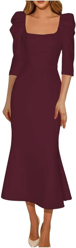 Women's Satin Tea Length Wedding Dress for Bride 3/4 Sleeves Sheath Square Collar Bridal Evening Party Dress
