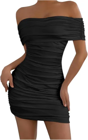 Women's Sexy Off Shoulder Sleeveless Bodycon Ruched Midi Elegant Cocktail Evening Party Night Tube Dress Cocktail Tube Dress