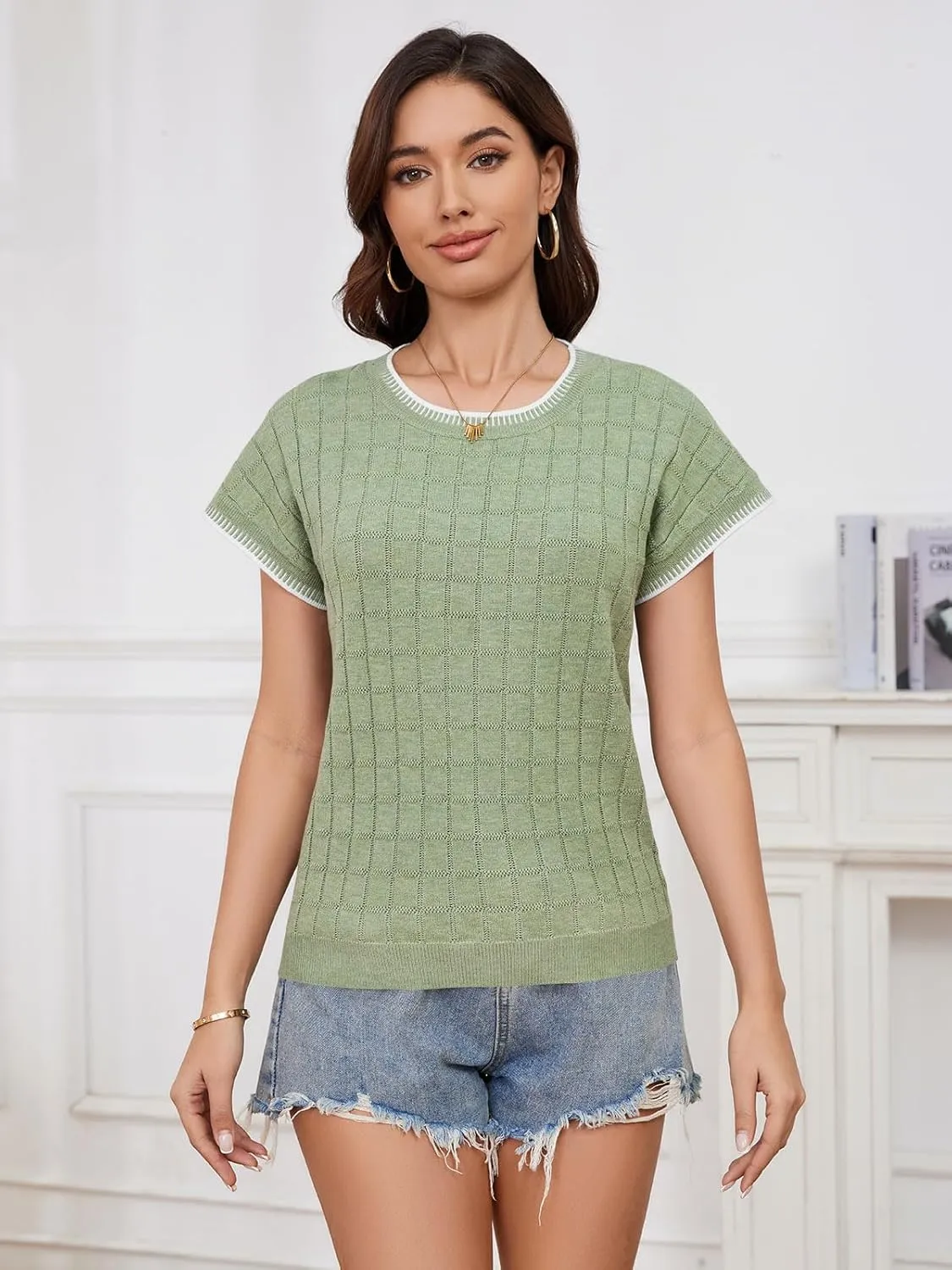 Womens Short Sleeve Sweater Crewneck Vest Tops Trendy Casual Crochet Sweaters for Women Spring Summer 2025