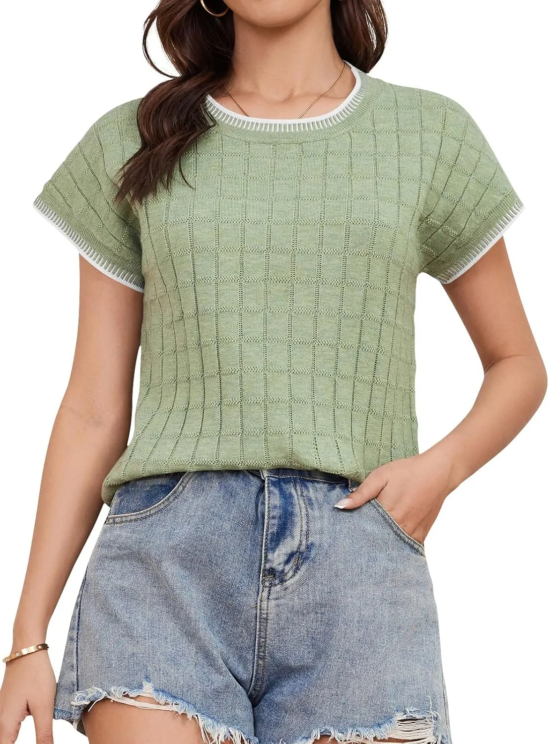 Womens Short Sleeve Sweater Crewneck Vest Tops Trendy Casual Crochet Sweaters for Women Spring Summer 2025