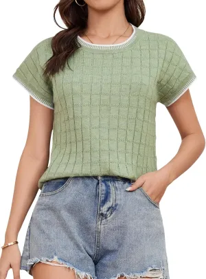 Womens Short Sleeve Sweater Crewneck Vest Tops Trendy Casual Crochet Sweaters for Women Spring Summer 2025