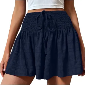 Women's Shorts Casual Summer High Waisted Drawstring Trendy Comfy Skirt Shorts Vintage Solid Color Pleated Soft Pants