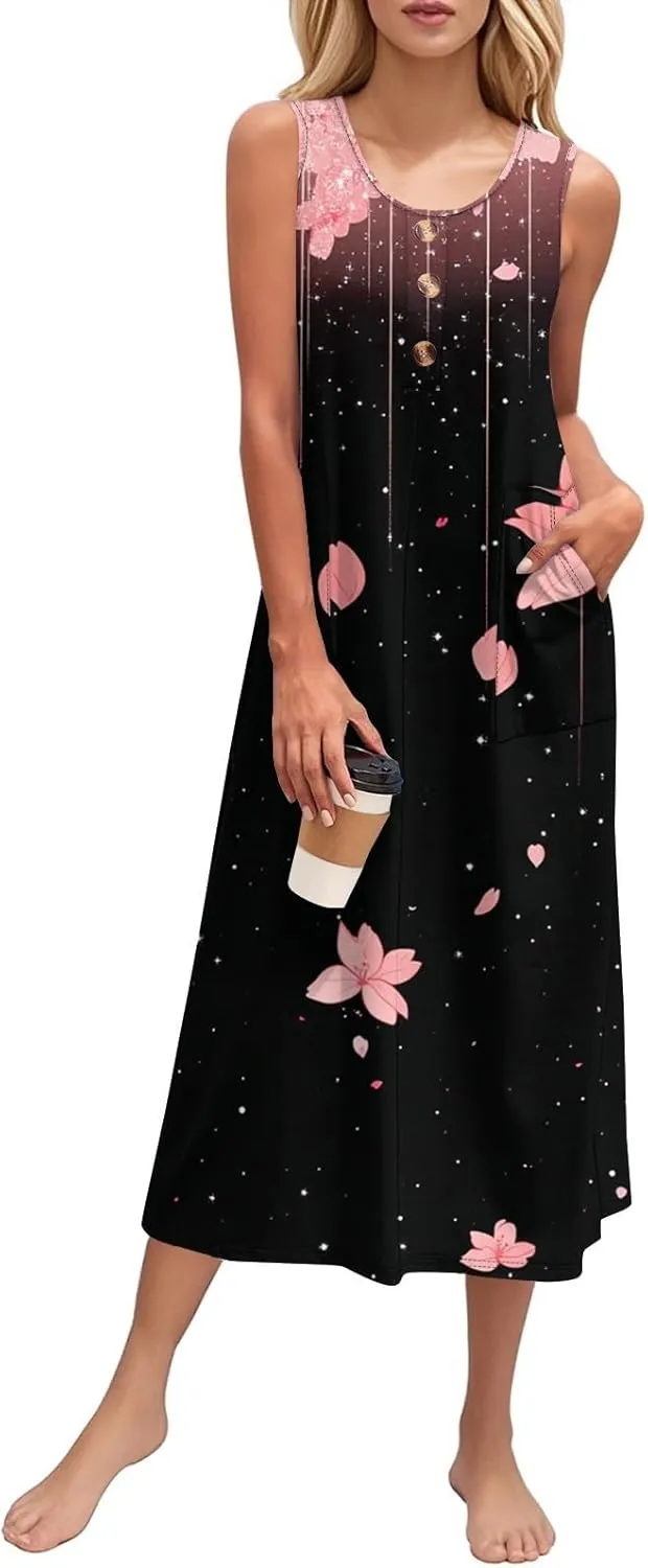 Women's Sleeveless Midi Dress with Pockets, Summer Casual Boho Floral Button Down Loose Comfy Tank Beach Sundress