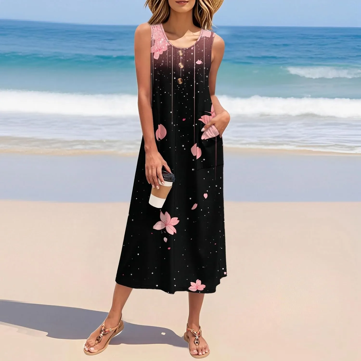 Women's Sleeveless Midi Dress with Pockets, Summer Casual Boho Floral Button Down Loose Comfy Tank Beach Sundress