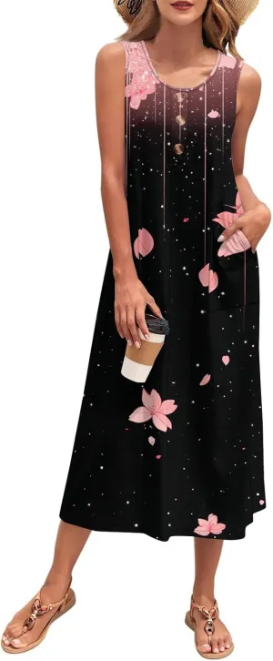 Women's Sleeveless Midi Dress with Pockets, Summer Casual Boho Floral Button Down Loose Comfy Tank Beach Sundress