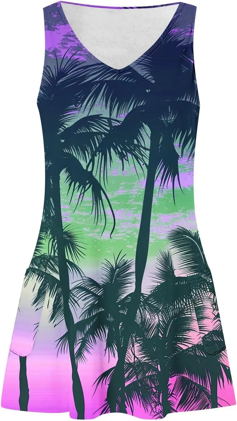 Women's Sleeveless Mini Tank Dress Casual Summer Beach Sun Dresses Loose V Neck T-Shirt Dress Sundress with Pocket