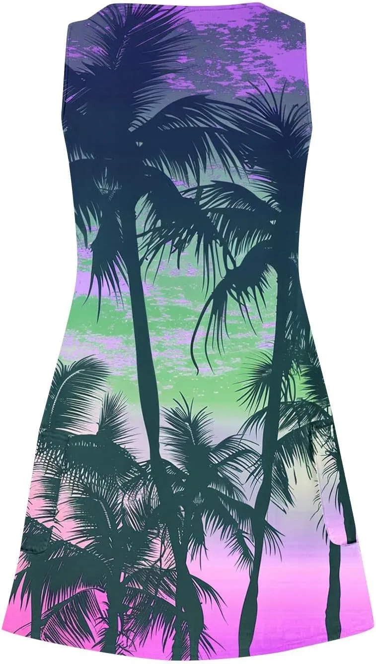 Women's Sleeveless Mini Tank Dress Casual Summer Beach Sun Dresses Loose V Neck T-Shirt Dress Sundress with Pocket