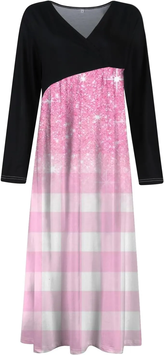 Womens Spring Fashion 2025 Dress Long Sleeve Midi V Neck Work Cute Teens Elegant Western Swing Dress